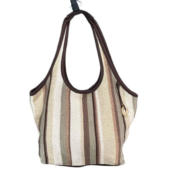 The Sak  Shoulder Bag Cream Green Brown Stripe Crochet Knit Tote Pockets Earthy - Picture 1 of 14